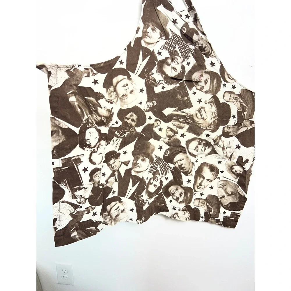 Vintage Hollywood Movie Star Collage Print Bib Apron Brown White Stars‎ Pocket